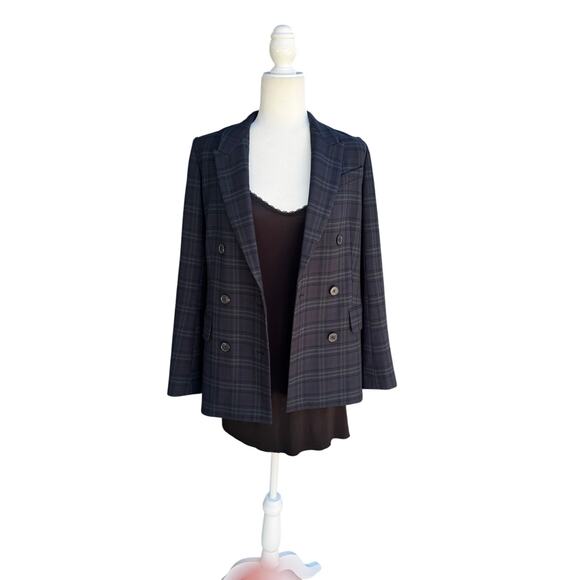 BABATON x ARITZIA Samuel Double Breasted Blazer Navy Everest Green Plaid SZ 0/XS - Picture 6 of 9
